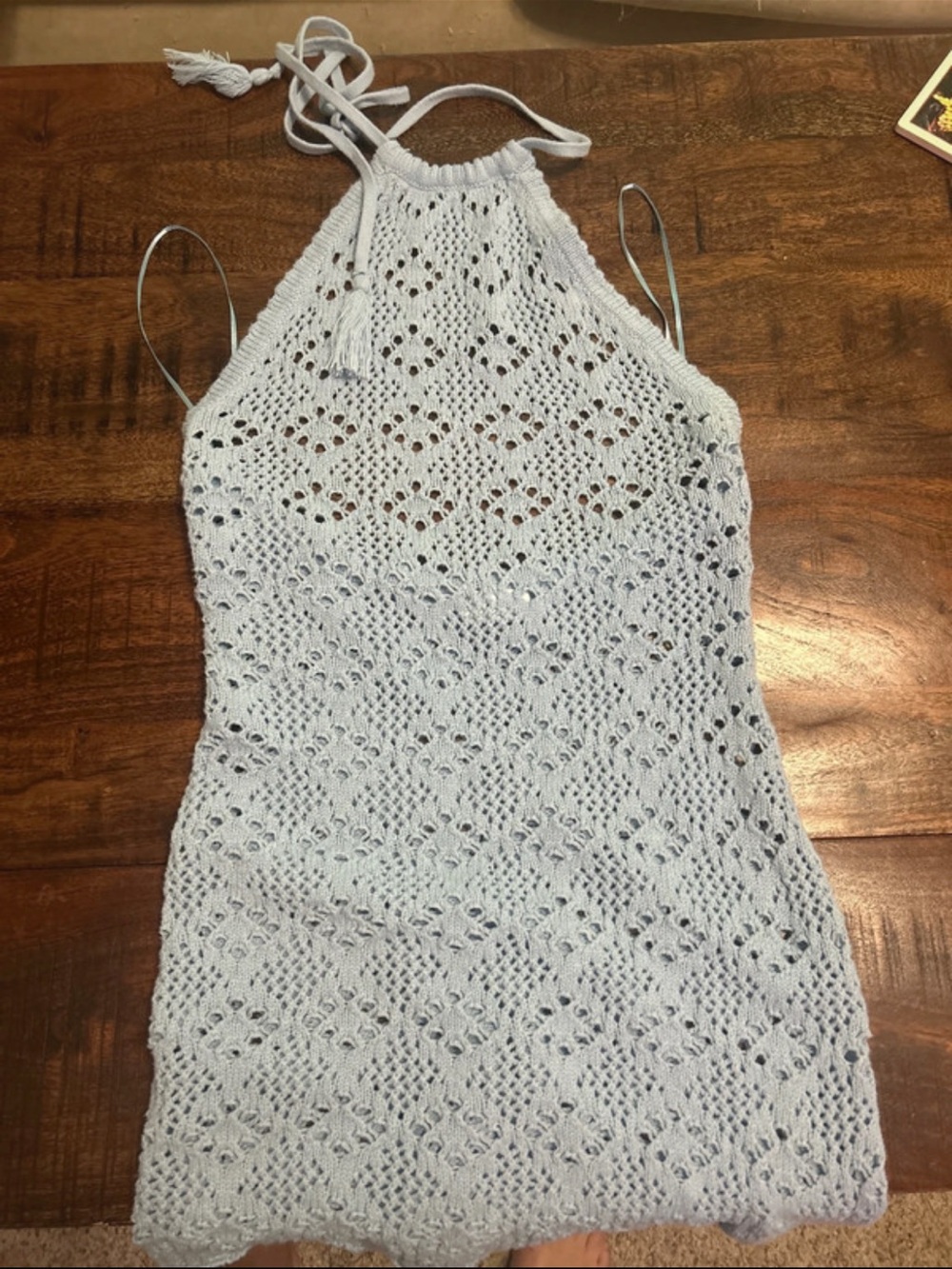 Light Blue Crochet Halter Mini Dress